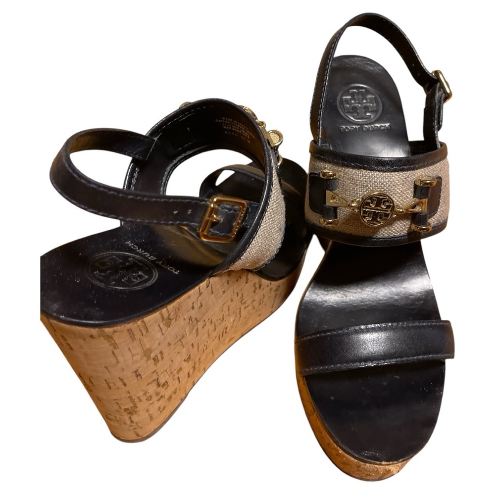 Tory Burch Black and Tan Wedge Sandals